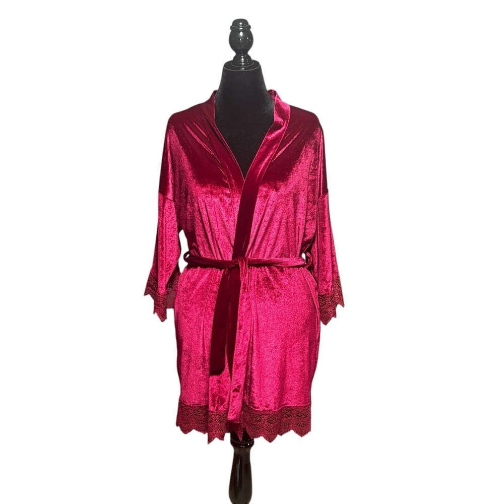 Wine Colored Crushed Velvet Kimono Robe Lace Trim